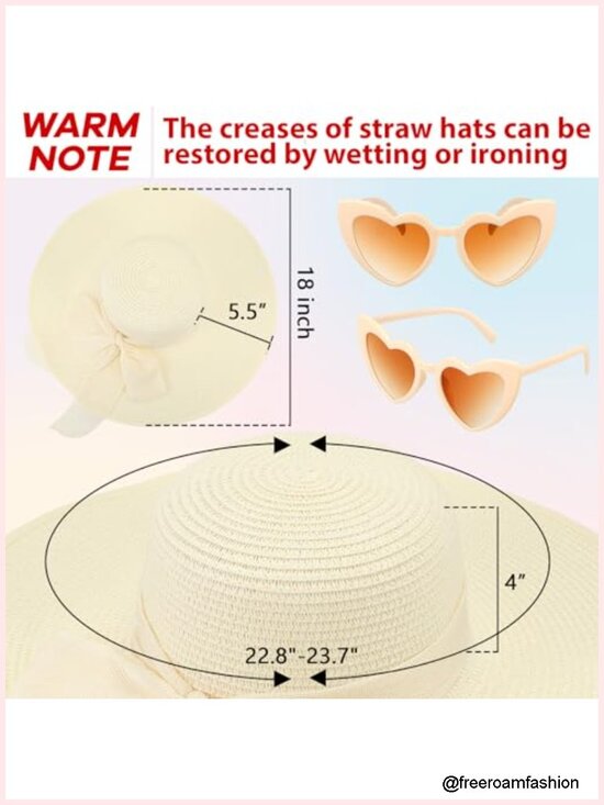 Set of 6 Floppy Sun Hats with 6 Heart Sunglasses, Wide Brim Straw with Bow, main image 5